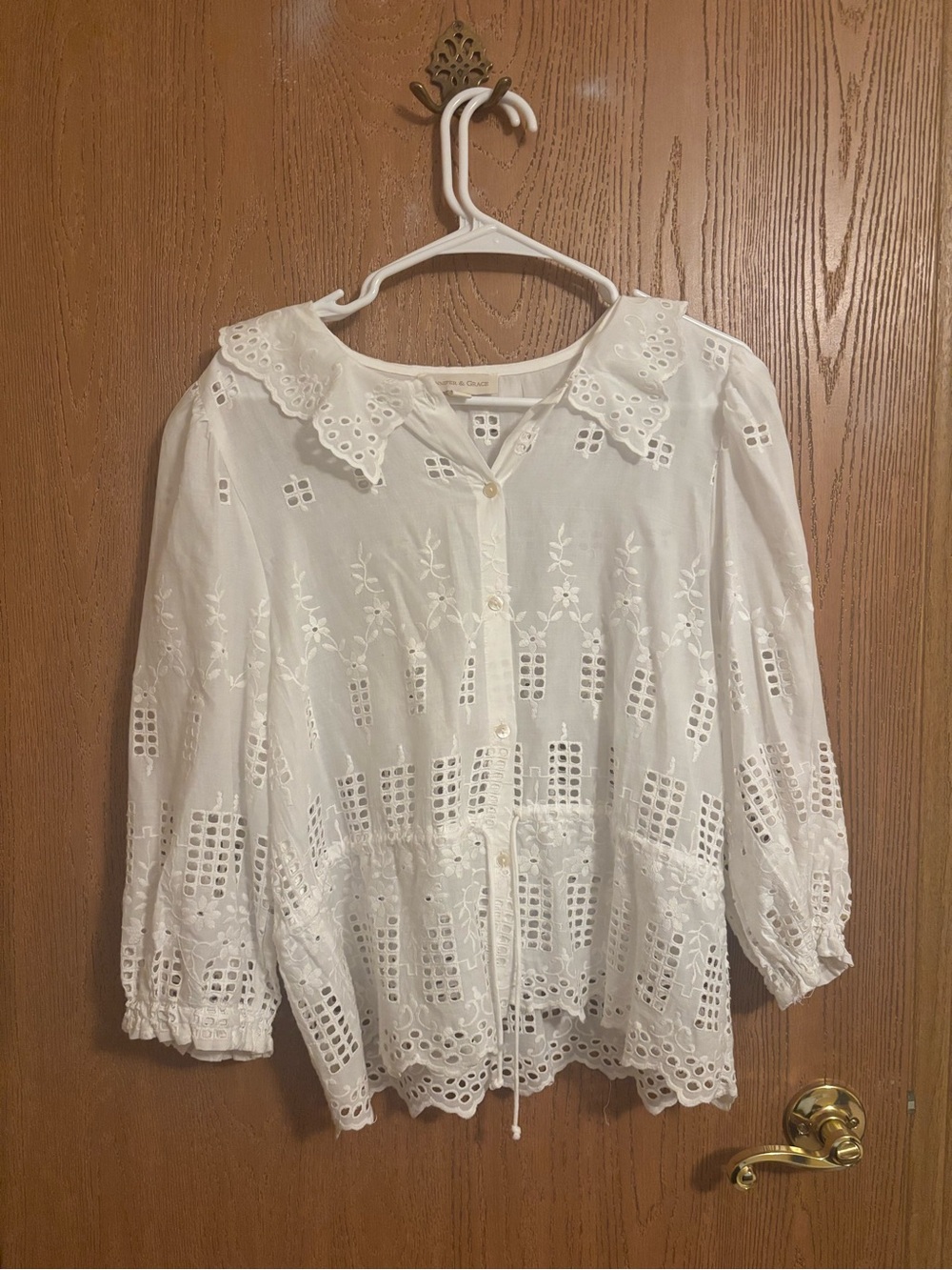 White Eyelet Button-Front Peasant Shirt with Scalloped Collar